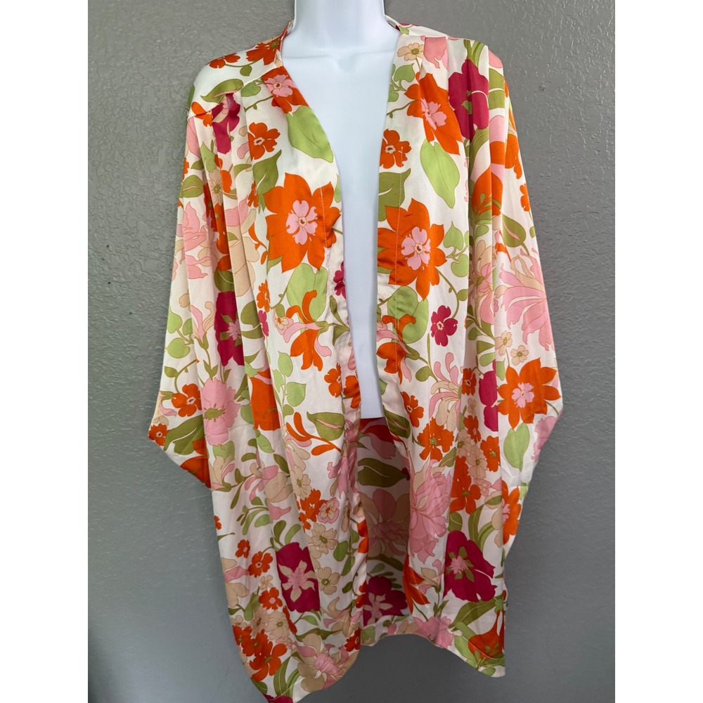 Umgee USA Floral Kimono Open‎ Front Cardigan XL 1XL Orange Pink Psychedelic Boho
